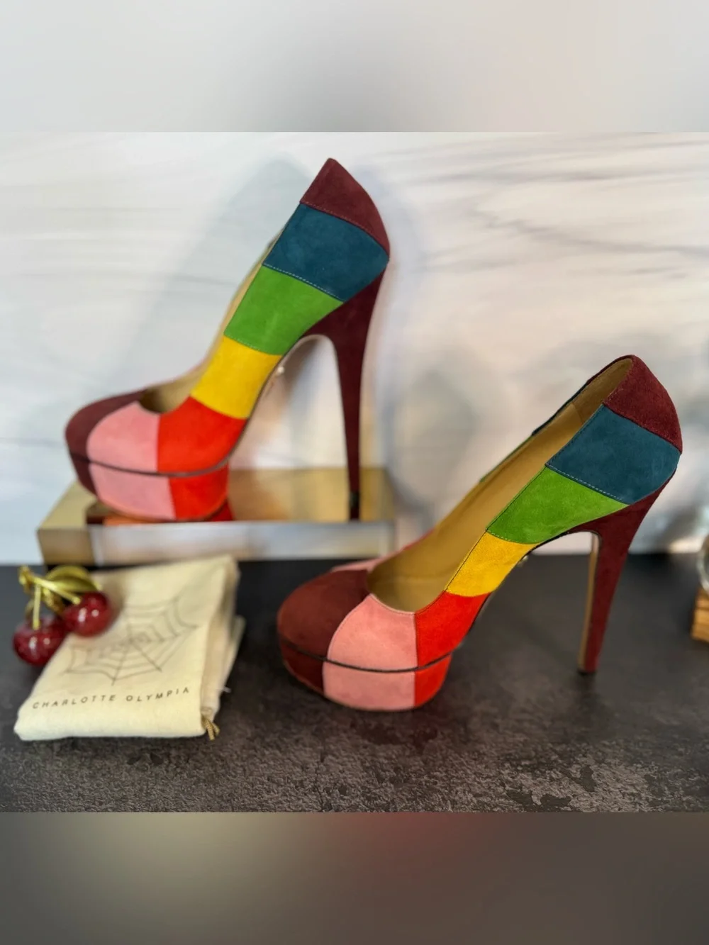 Charlotte Olympia Rainbow Suede Platform Pumps Heels, Size 38